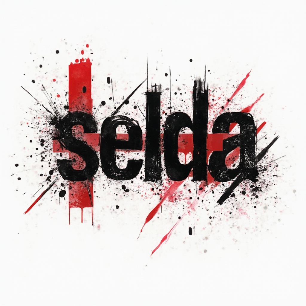 High-contrast Trash Polka-inspired black and red abstract lettering forming selda on white.