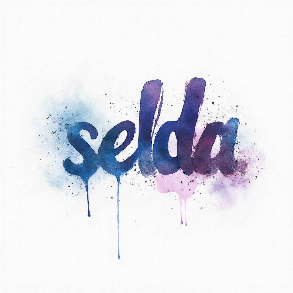 Watercolor-style artistic lettering forming the name selda with colorful splashes on a white background.