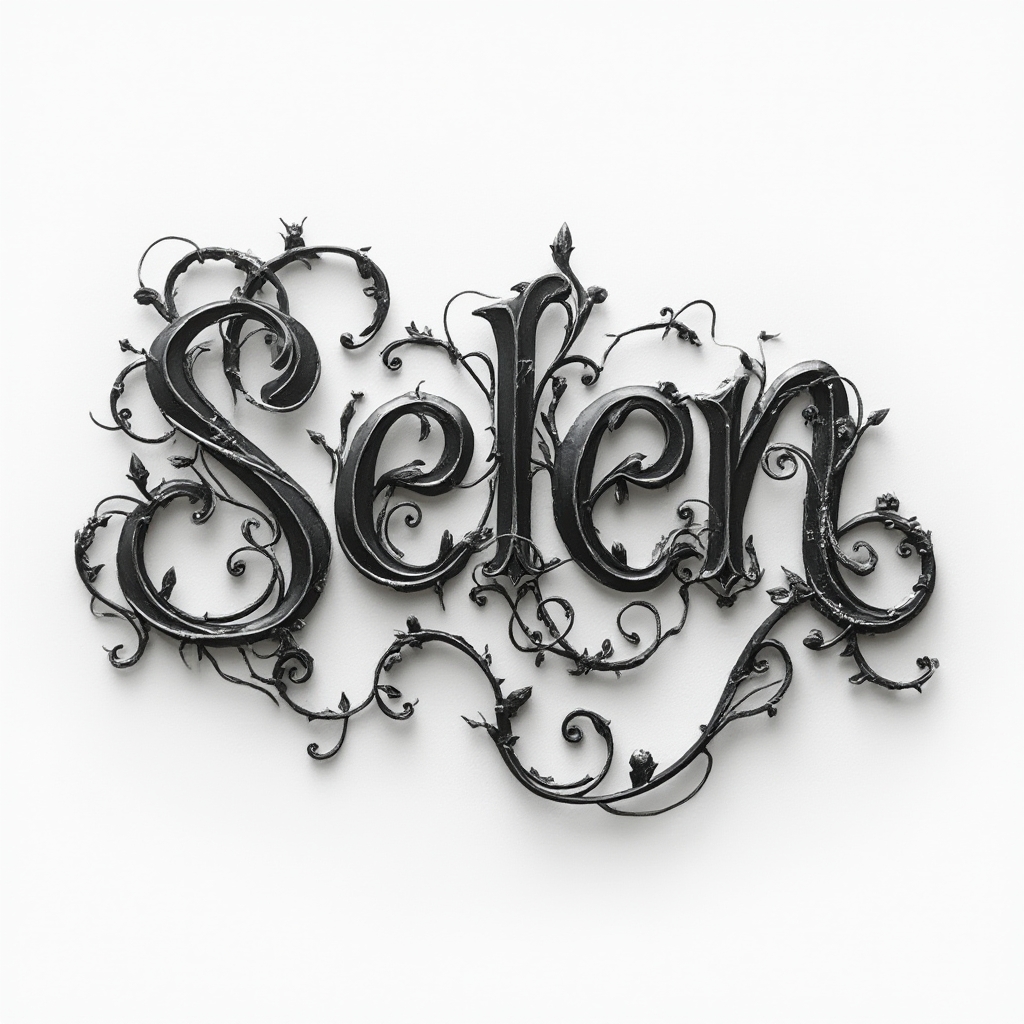 Abstract ornamental tattoo concept with the name selen formed by interlocking filigree letterforms on a white background.