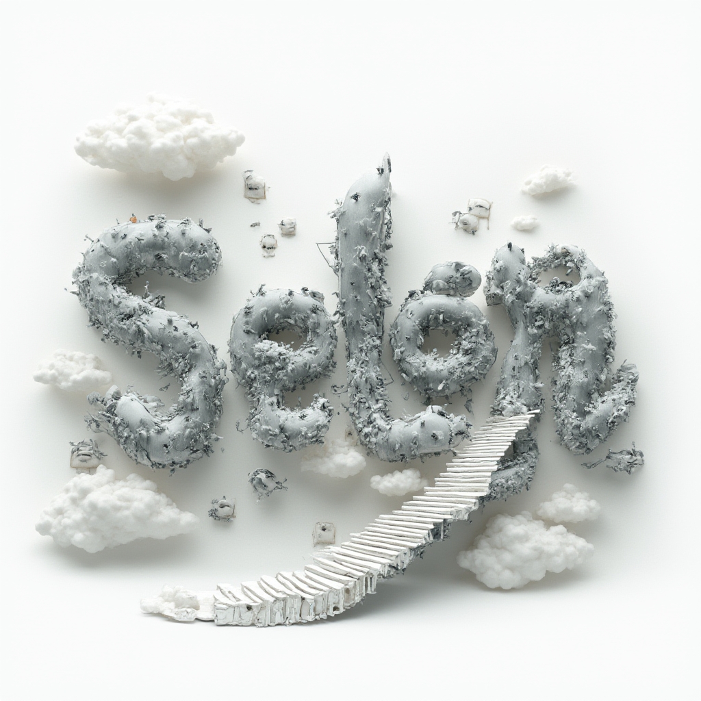 Surreal dreamscape tattoo concept where the name selen becomes melting, impossible architectural letters on a white background.