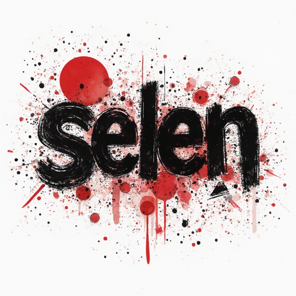 Trash Polka tattoo concept featuring the name selen in bold black and red graphic letters on a white background.