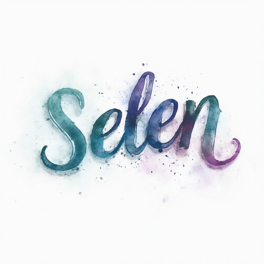 Watercolor-style tattoo concept where the name selen is formed by colorful flowing ink strokes on a white background.