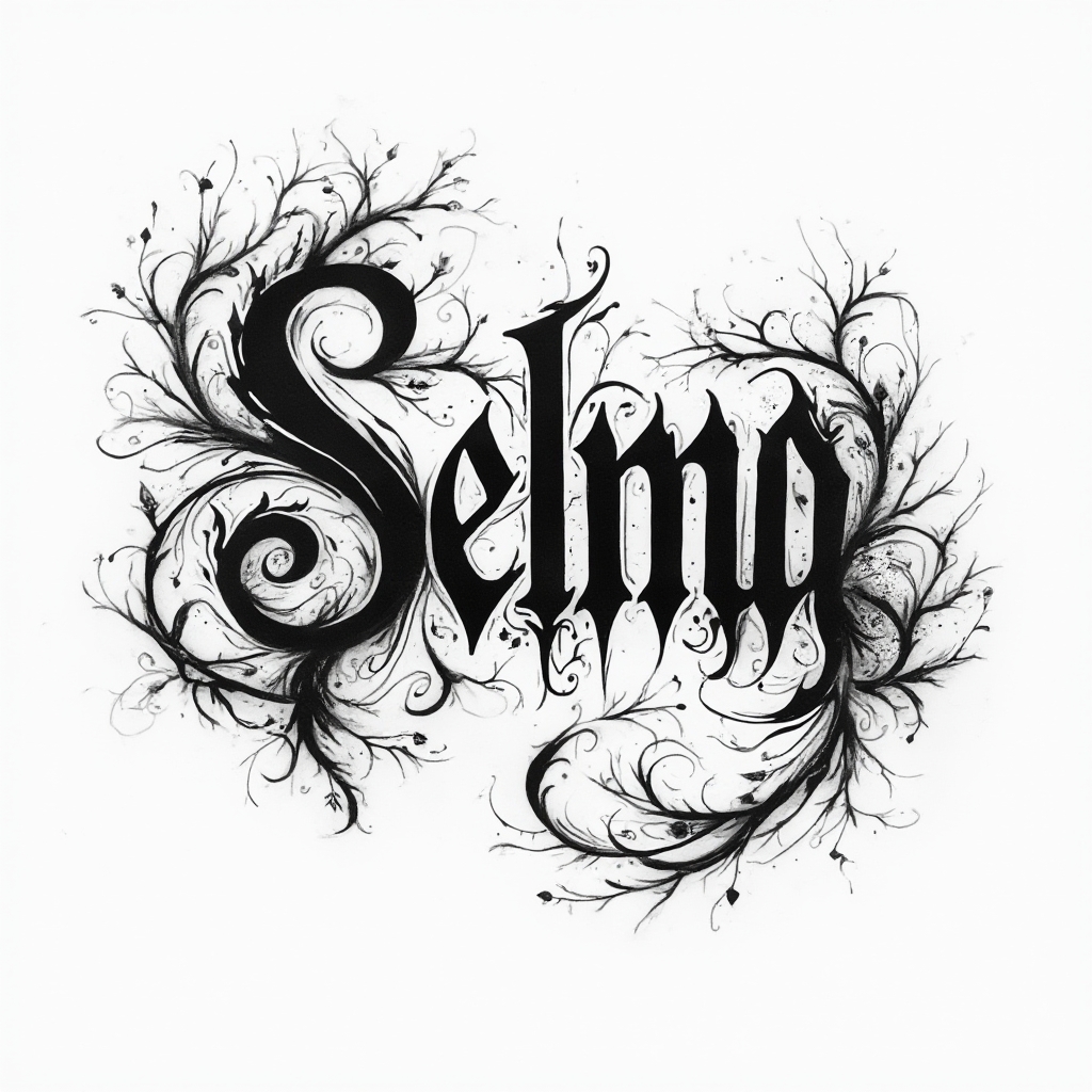 Ornamental black ink tattoo concept of the name selma with flowing flourishes and filigree on a white background.