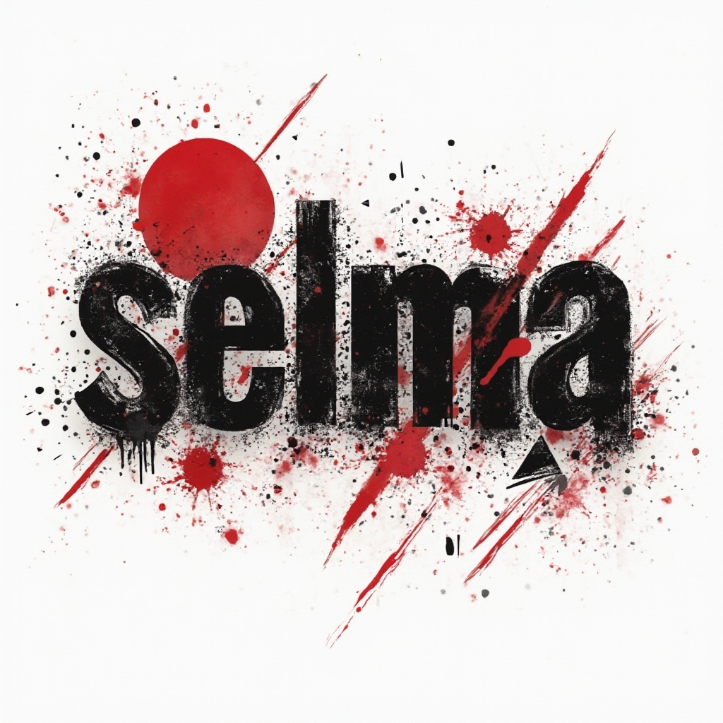 Trash Polka tattoo concept of the name selma with distressed black lettering, red shapes, and splatters on white.