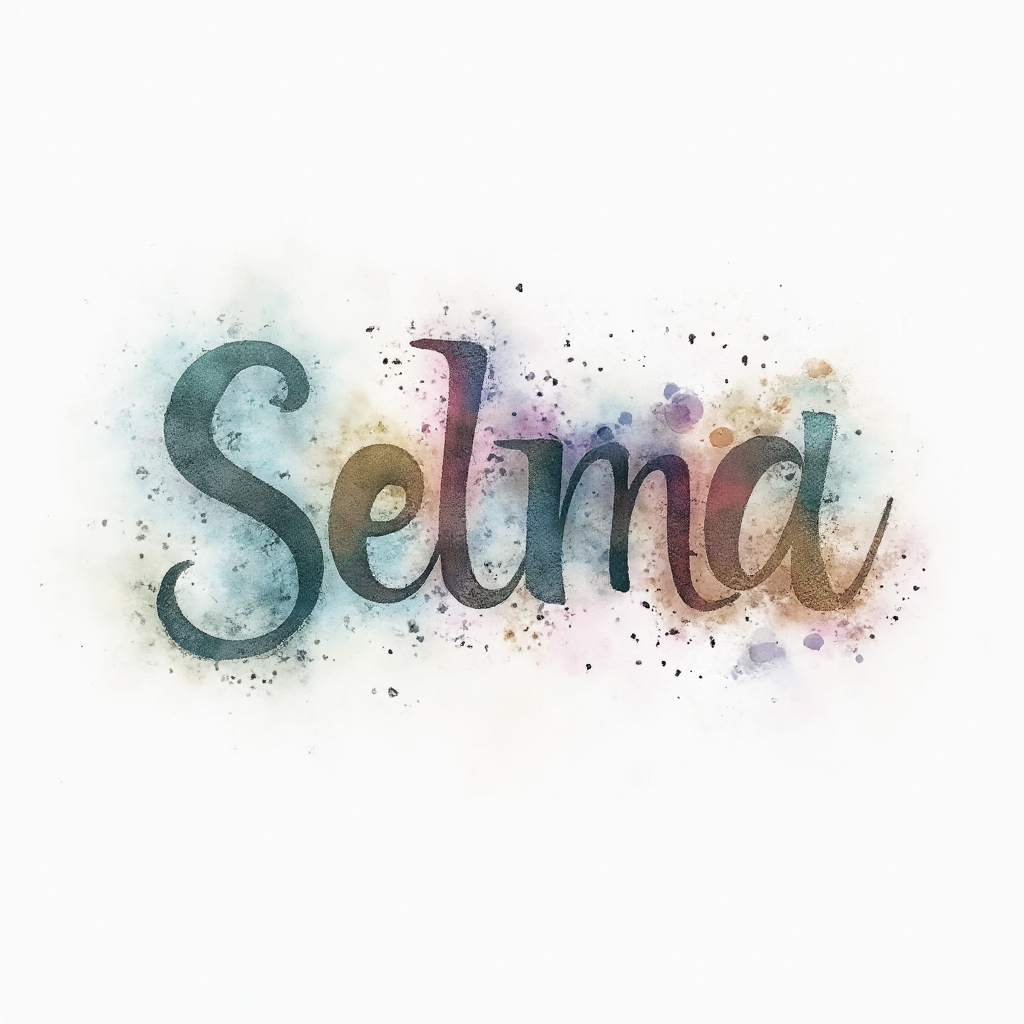 Watercolor tattoo concept of the name selma in flowing colorful brushy lettering on a white background.
