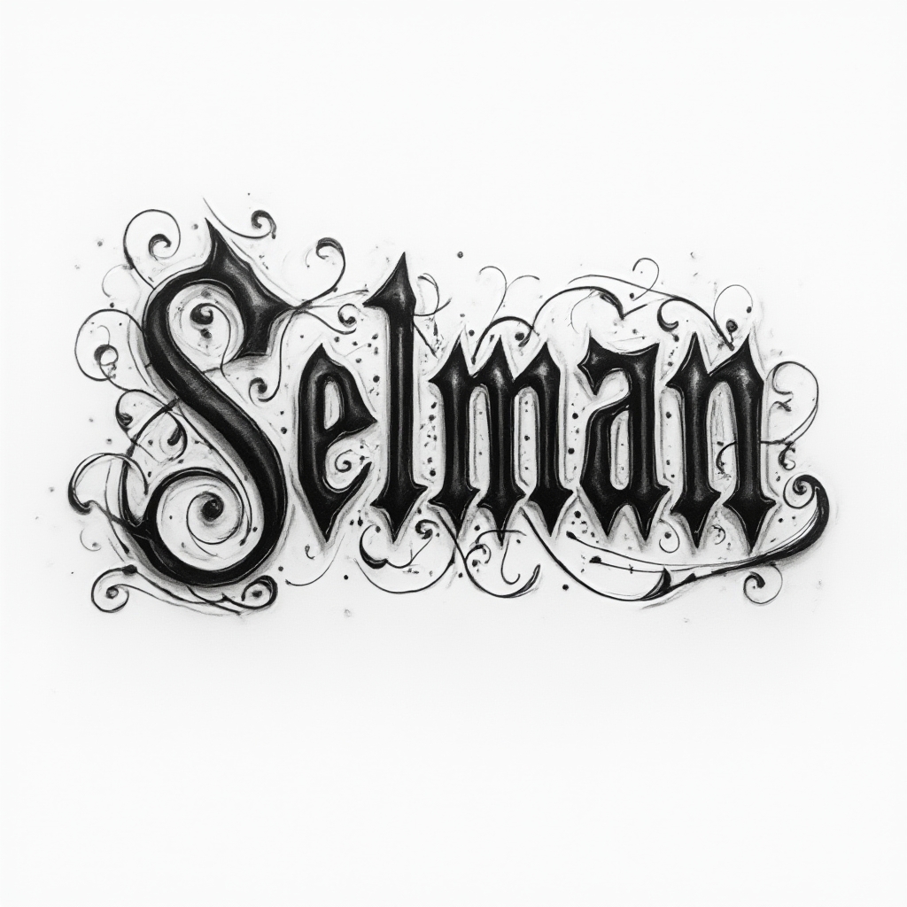 Monochrome ornamental tattoo design with the name selman rendered as interlocking, carved-looking letterforms on a white background.