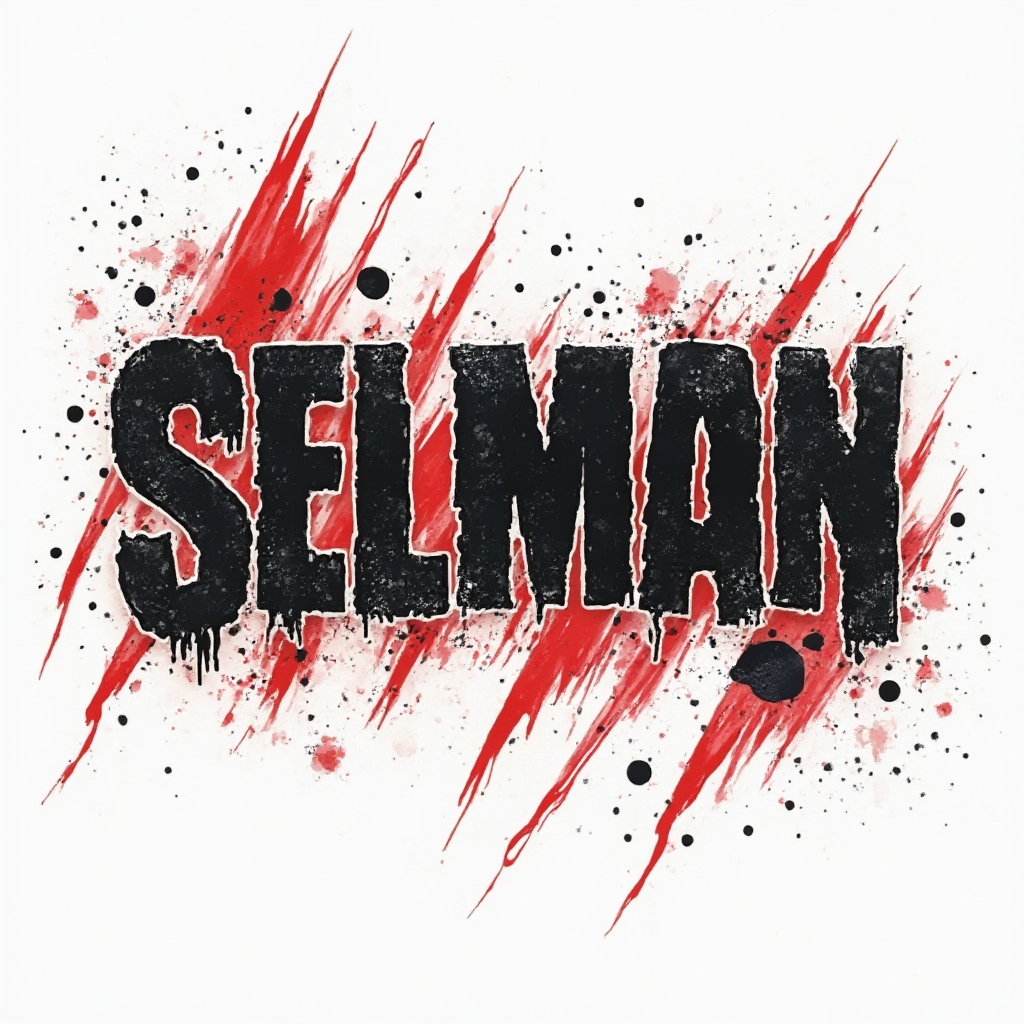 Trash Polka-style tattoo design where the name selman appears as distressed black lettering with red strokes and splatters on a white background.