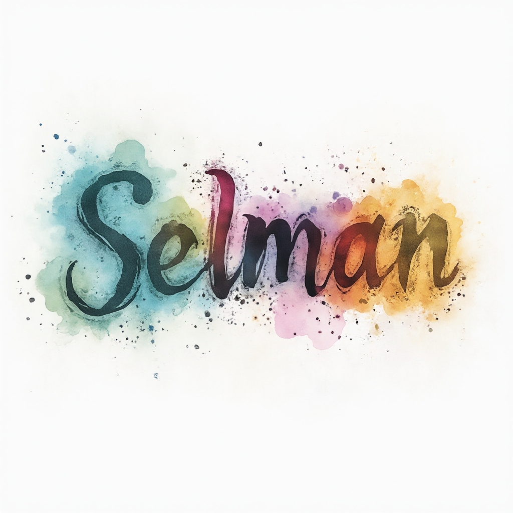 Watercolor-style abstract tattoo design where the name selman is formed by flowing brushstroke letters that fade into colorful splashes on a white background.