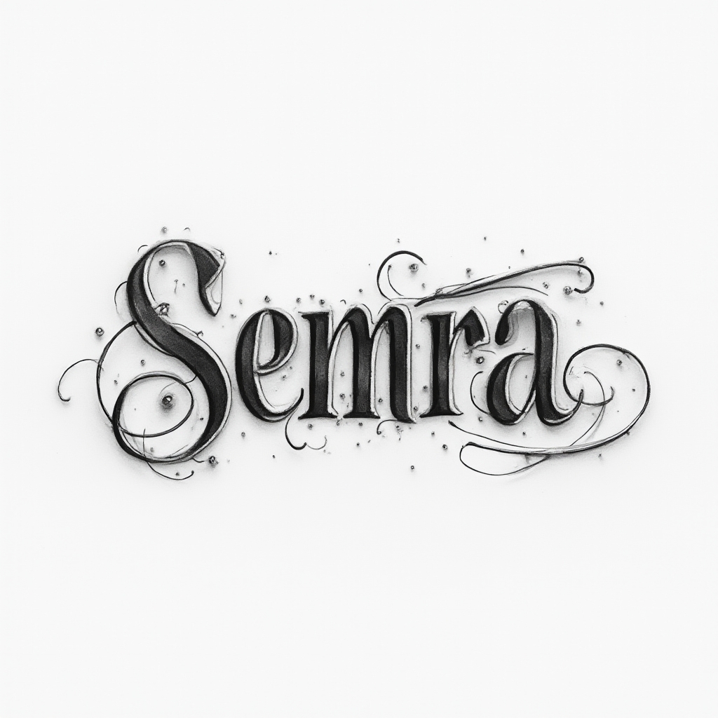Elegant monoline tattoo concept of the name semra formed from flowing continuous black strokes on a white background.