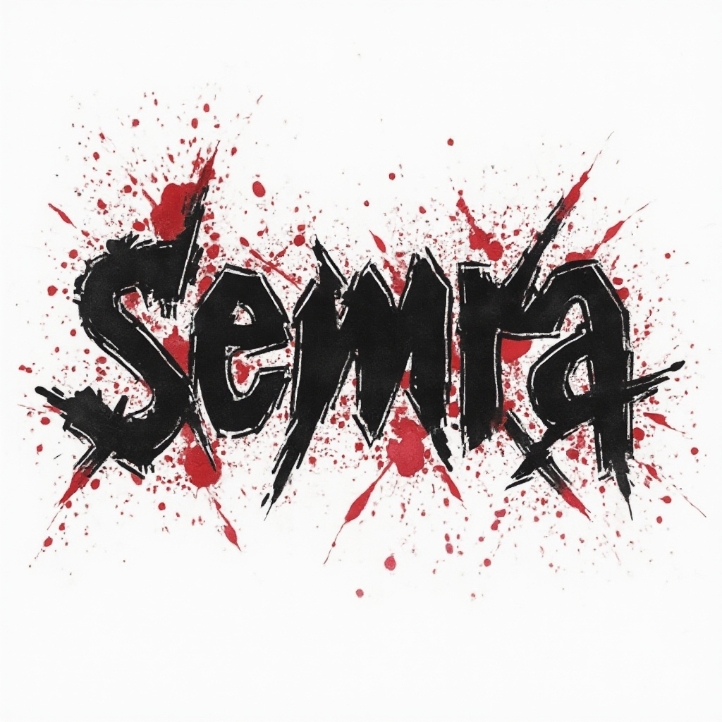 Trash Polka tattoo concept of the name semra with bold black shapes and red splashes on a white background.