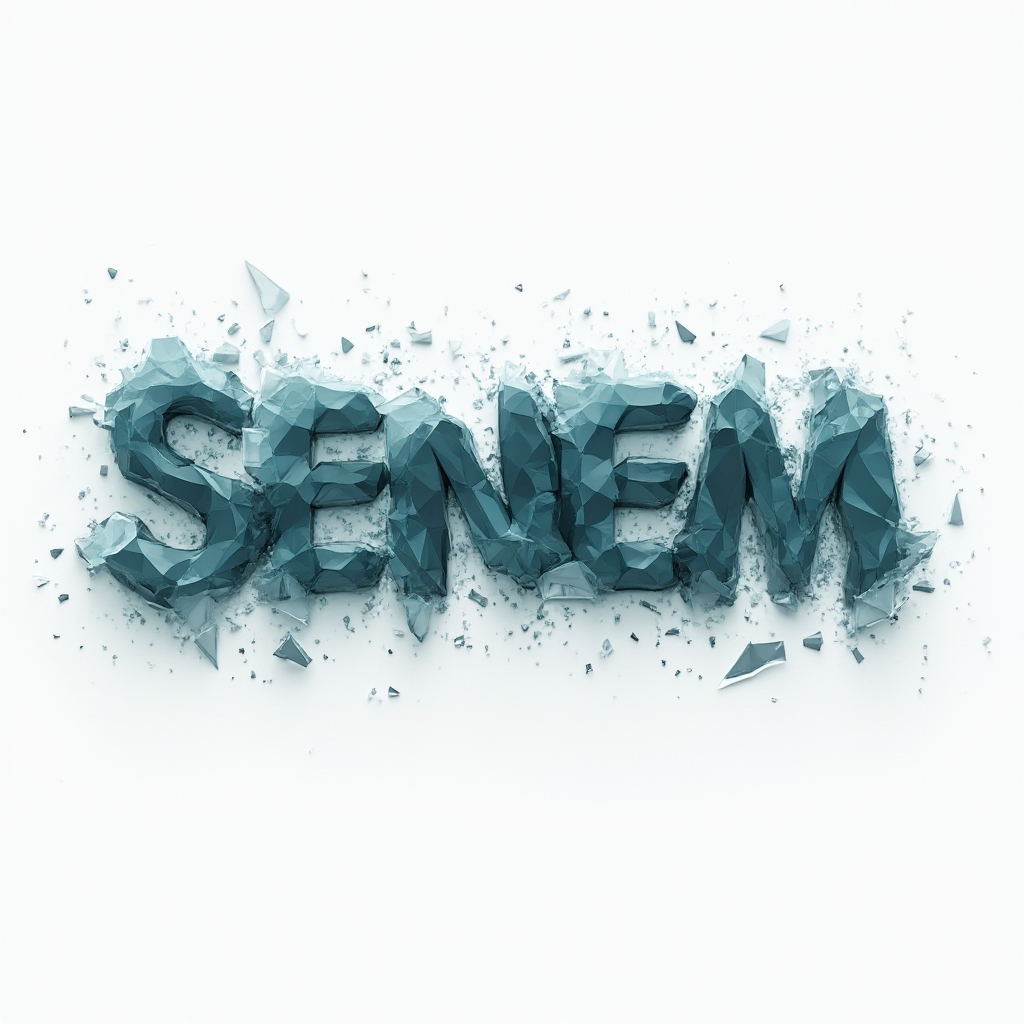 Geometric crystalline senem lettering made of fractured prism-like shards in blue and gray on a white background.