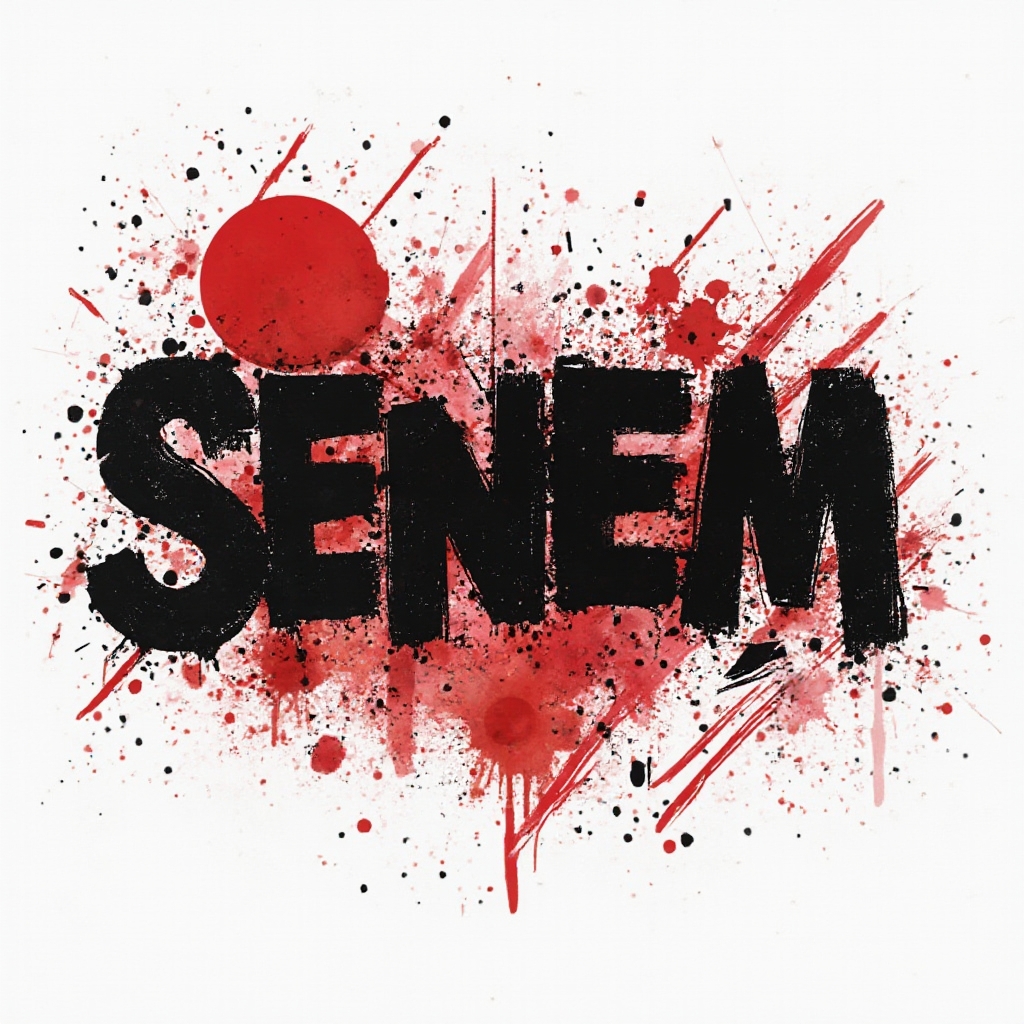 High-contrast black and red Trash Polka style senem lettering with splatters and geometric shapes on white background.