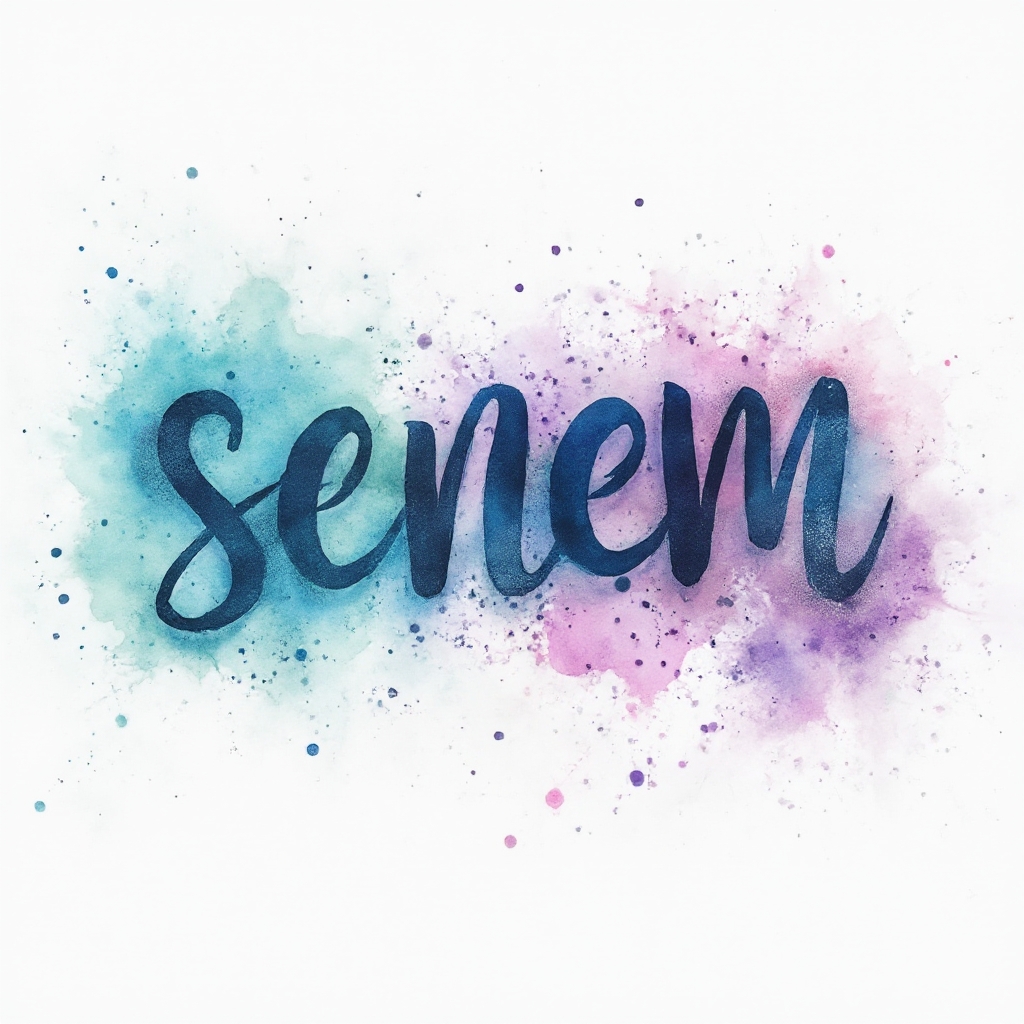 Watercolor tattoo concept of the name senem painted as fluid, colorful brushstroke letters on a white background.