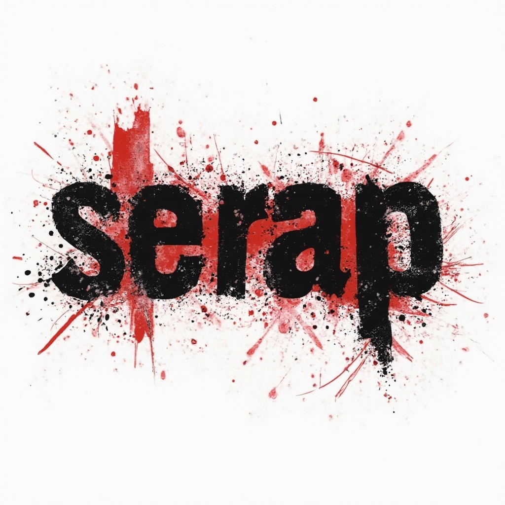 Trash Polka style tattoo concept of the name serap with bold black lettering and red splashes on a white background.