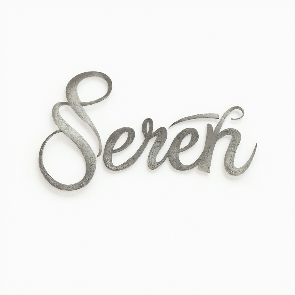 Minimal, flowing linework tattoo concept where the name seren is formed from continuous metallic-like curves on a white background.