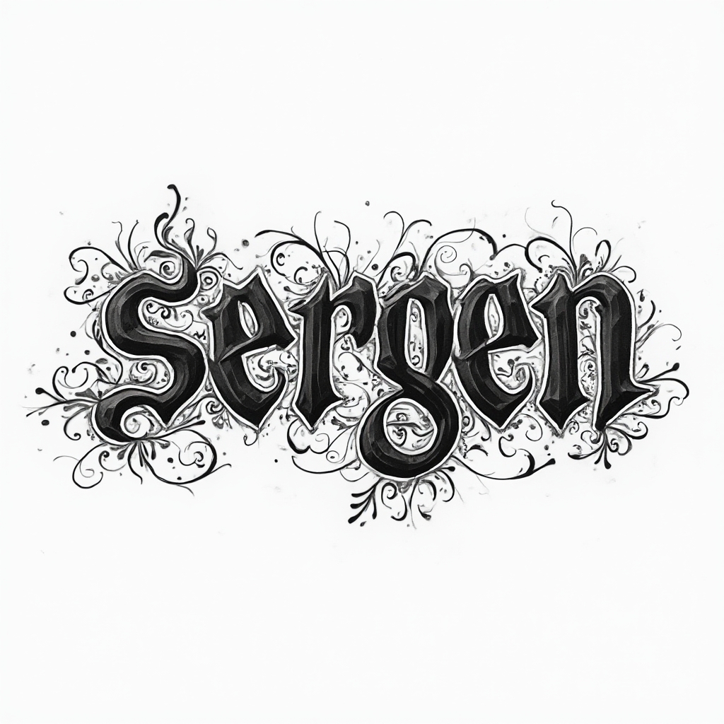 ornamental black linework tattoo concept forming the name sergen in intricate stylized lettering on white