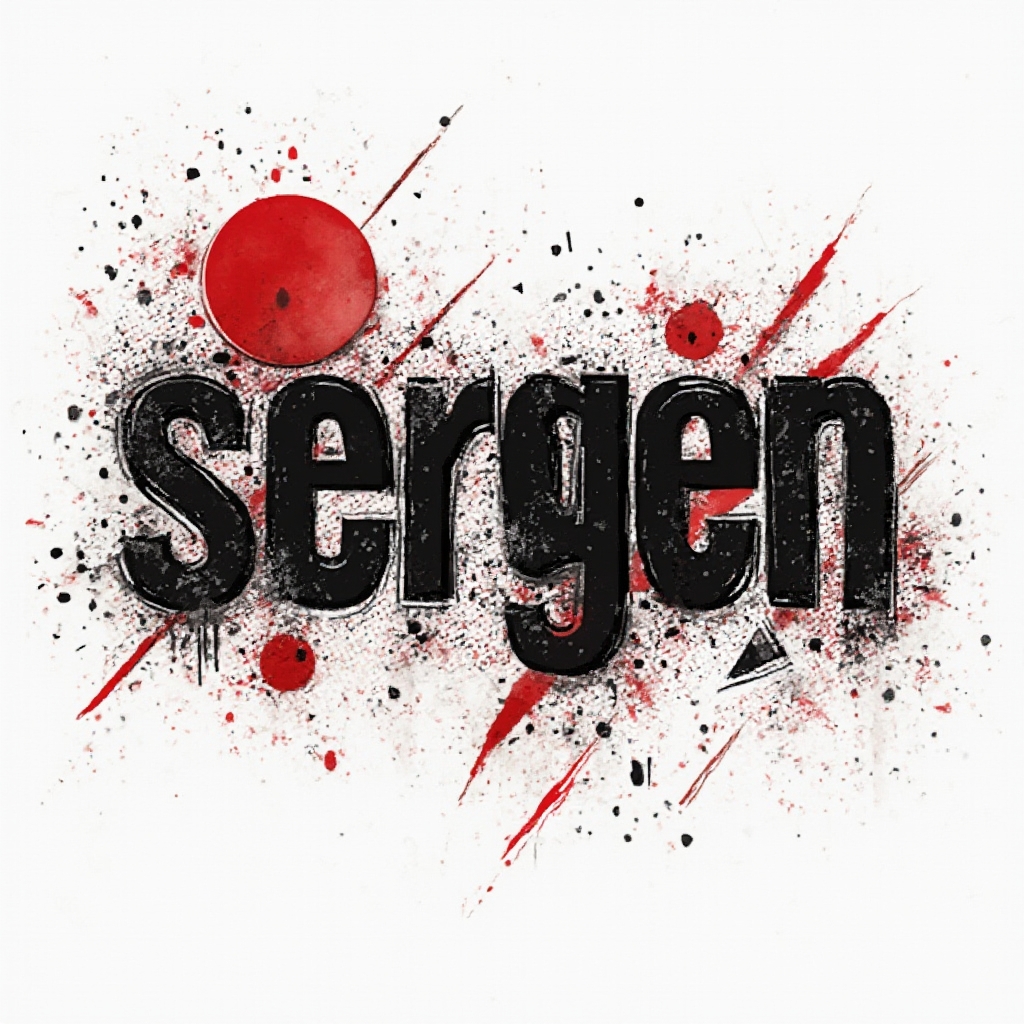 trash polka style tattoo design where the name sergen is formed from bold black and red graphic elements on white