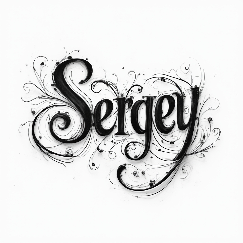 Abstract ornamental black lettering tattoo concept of the name Sergey on a white background.