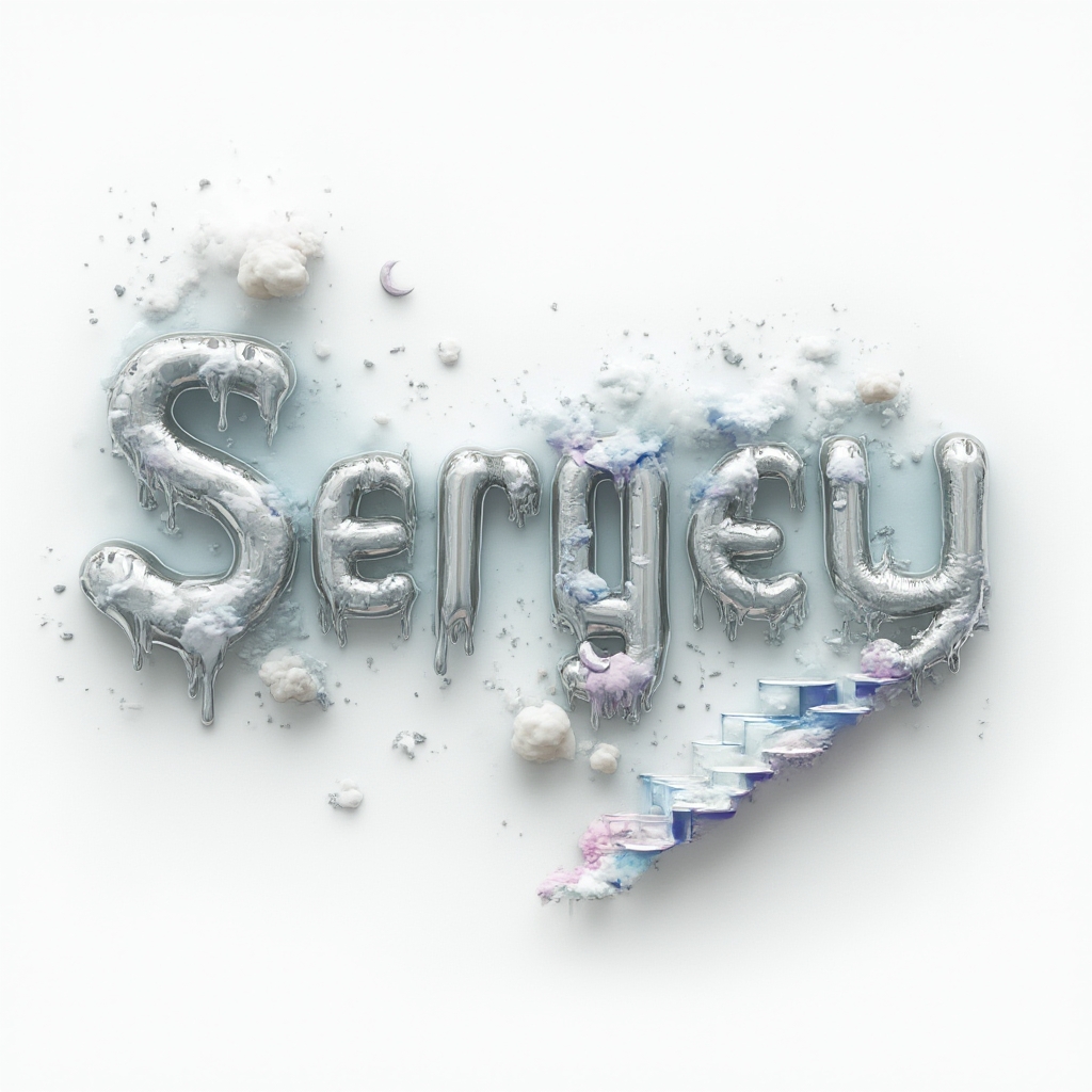 Surrealist tattoo concept of the name Sergey as melting chrome-like letters morphing into dreamlike elements on white background.