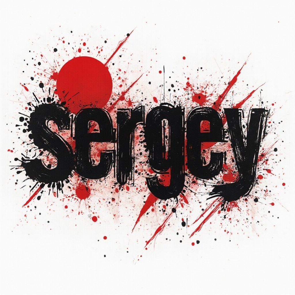 Trash Polka tattoo style concept of the name Sergey in distressed black and red graphic lettering on white background.