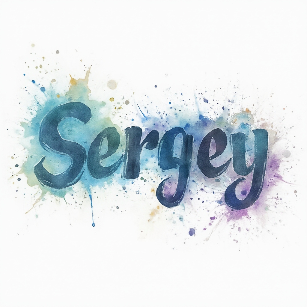 Watercolor splash tattoo concept of the name Sergey in fluid multicolor brushstroke lettering on white background.