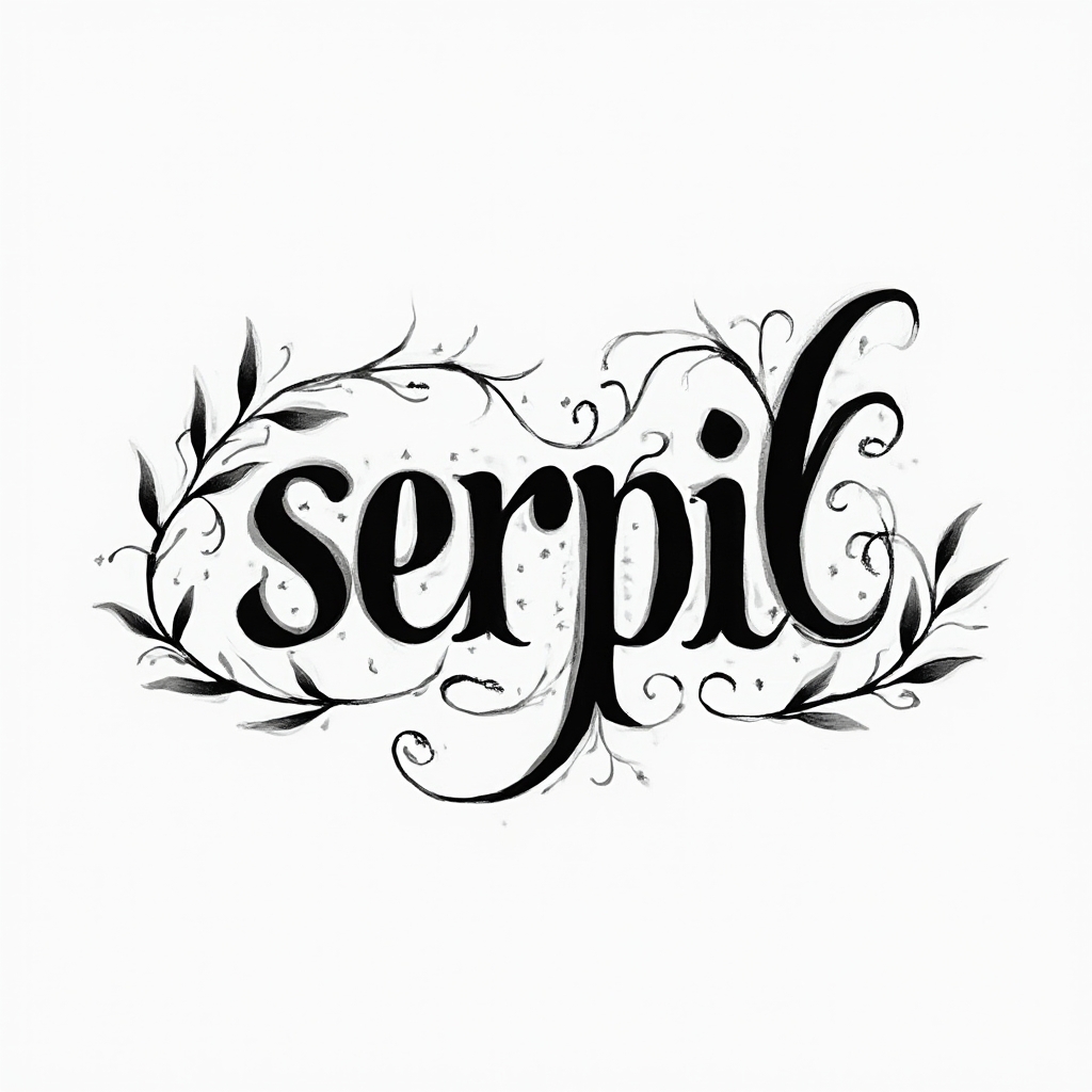 Monochrome flowing tattoo concept where the name serpil is formed by a continuous elegant ribbon of black ink on white.