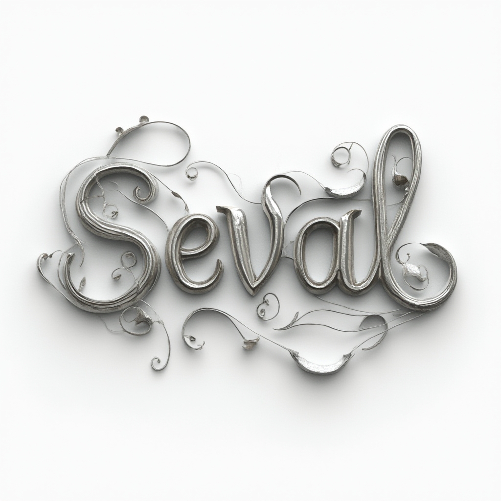 Dimensional ornamental tattoo concept where the name seval appears as sculpted, flowing letterforms on a white background.
