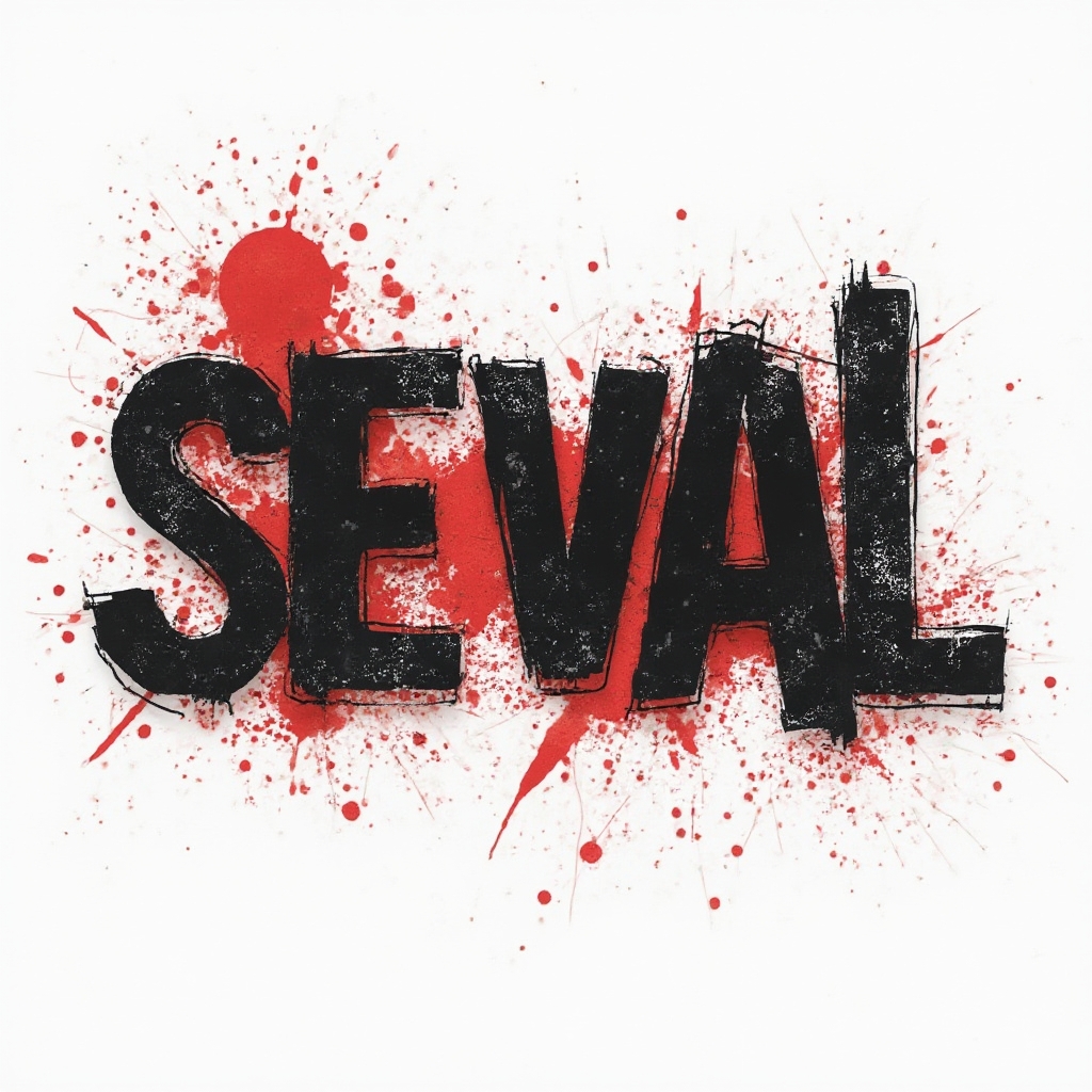 Trash Polka-style tattoo concept where the name seval is formed from bold black and red abstract shapes on a white background.