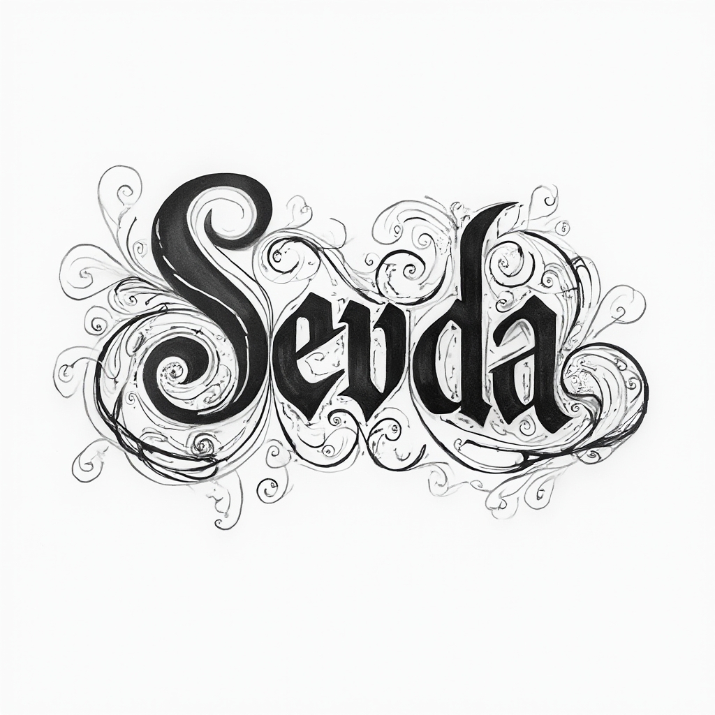 Abstract ornamental tattoo concept where the name sevda is woven from intricate black linework on a white background.