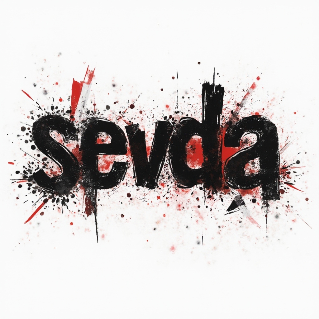 Trash Polka-inspired tattoo concept where the name sevda is built from black and red splashes and fragments on a white background.