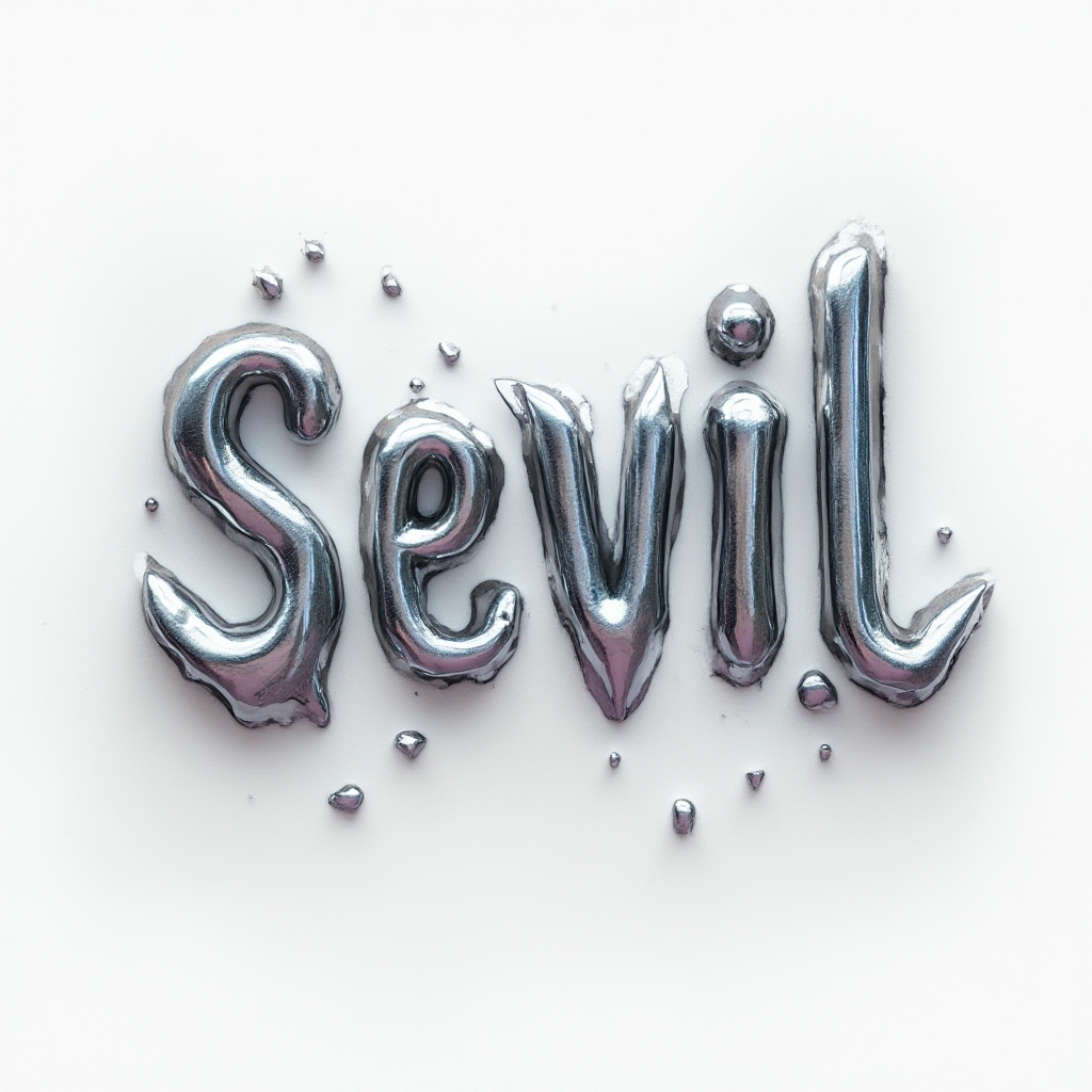 Surreal tattoo concept of the name sevil with melting, distorted letterforms on white background.