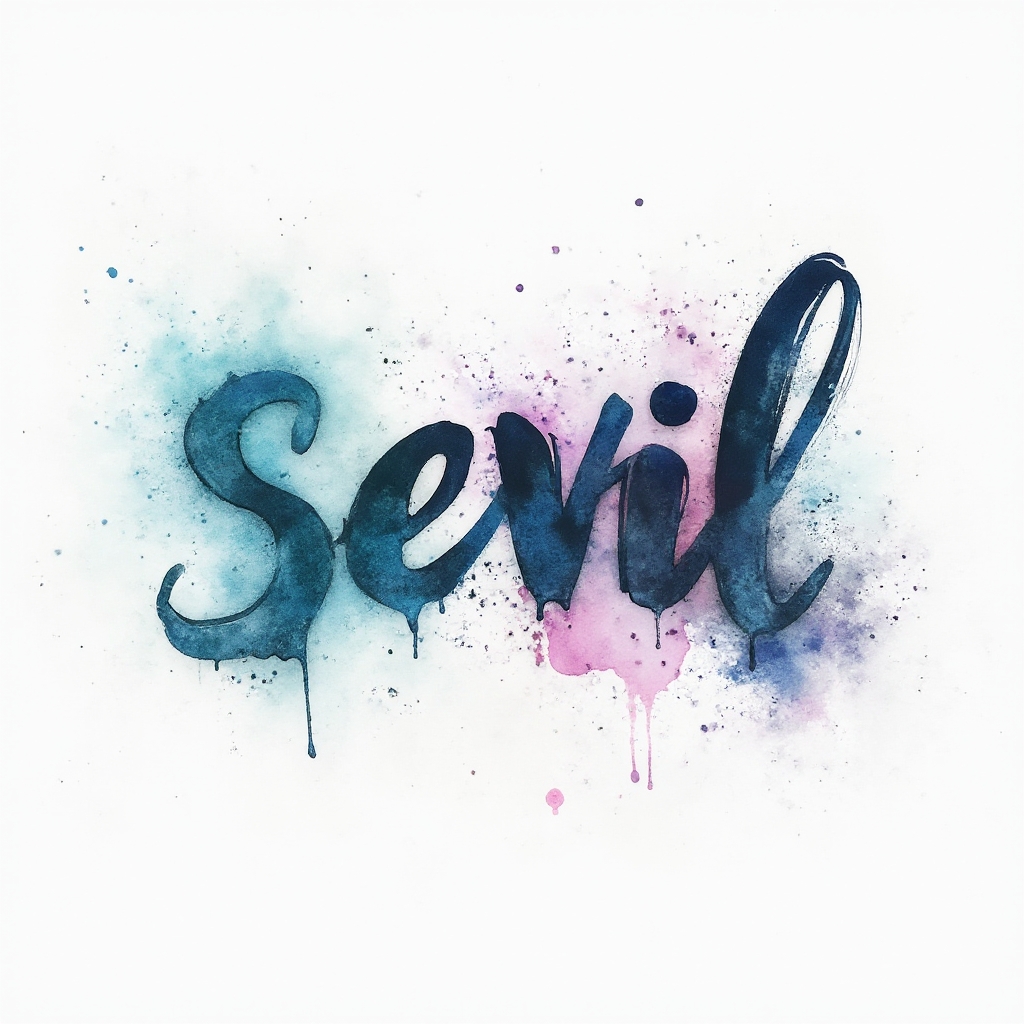 Watercolor tattoo concept of the name sevil in flowing ink splashes on white background.