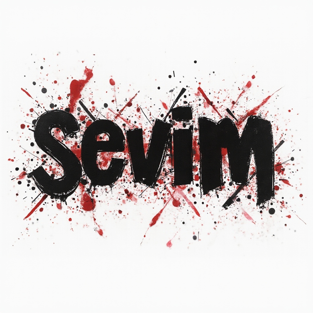 Trash Polka-inspired tattoo concept of the name sevim in bold black and red graphic lettering on a white background