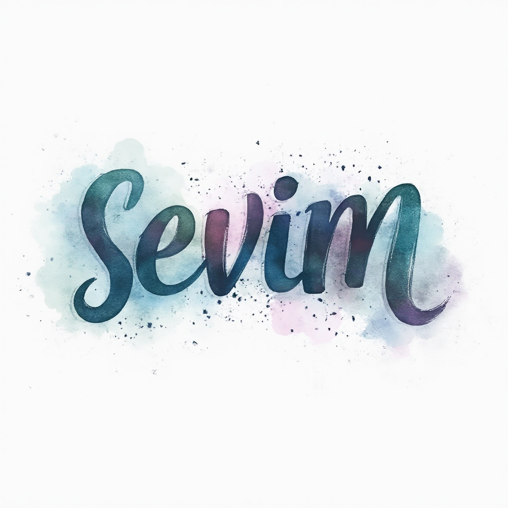 Watercolor tattoo concept of the name sevim with flowing colorful paint effects on a white background