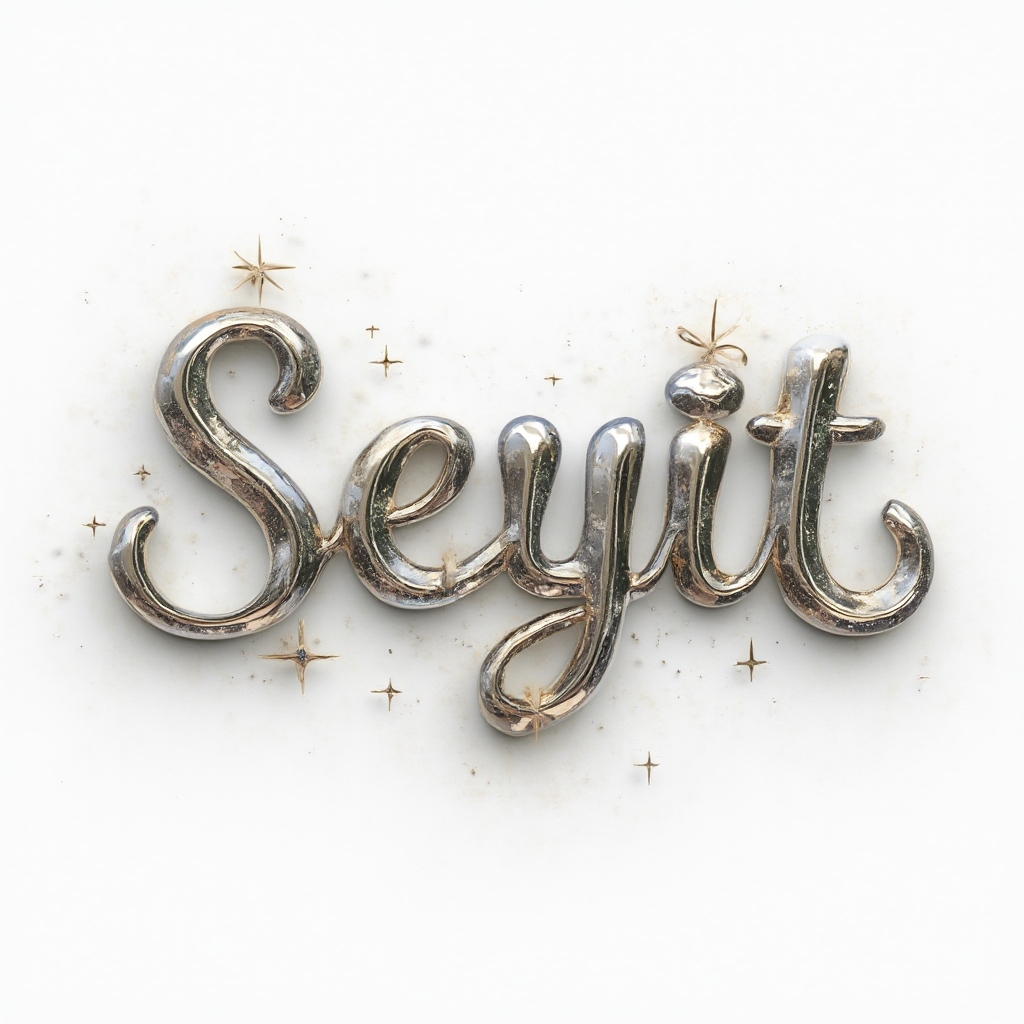 Elegant metallic script-style abstract lettering forming the name seyit with subtle celestial accents on white