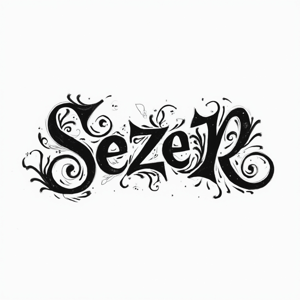 Black ornamental tattoo concept where the name sezer is formed by bold flowing lines and decorative negative space on a white background.