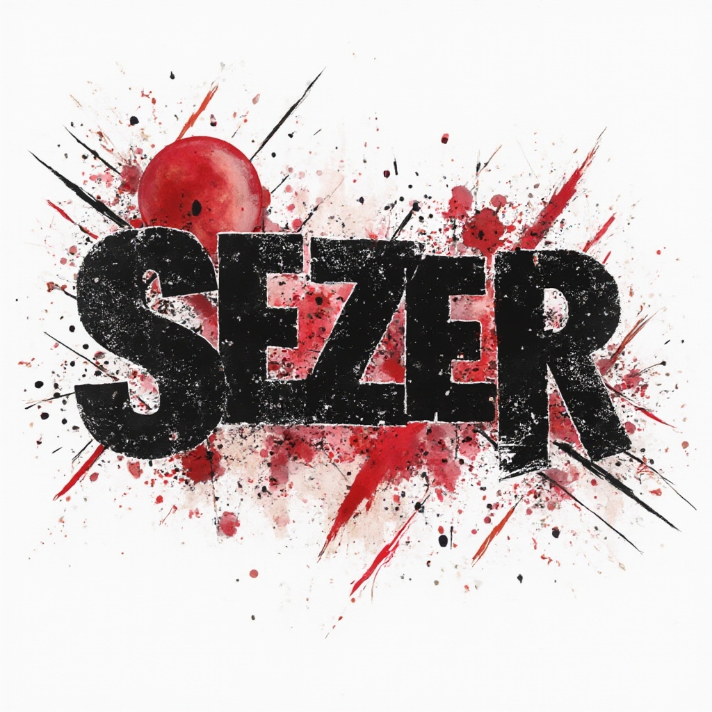 Trash Polka tattoo concept where the name sezer is built from distressed black letters with bold red splashes on a white background.