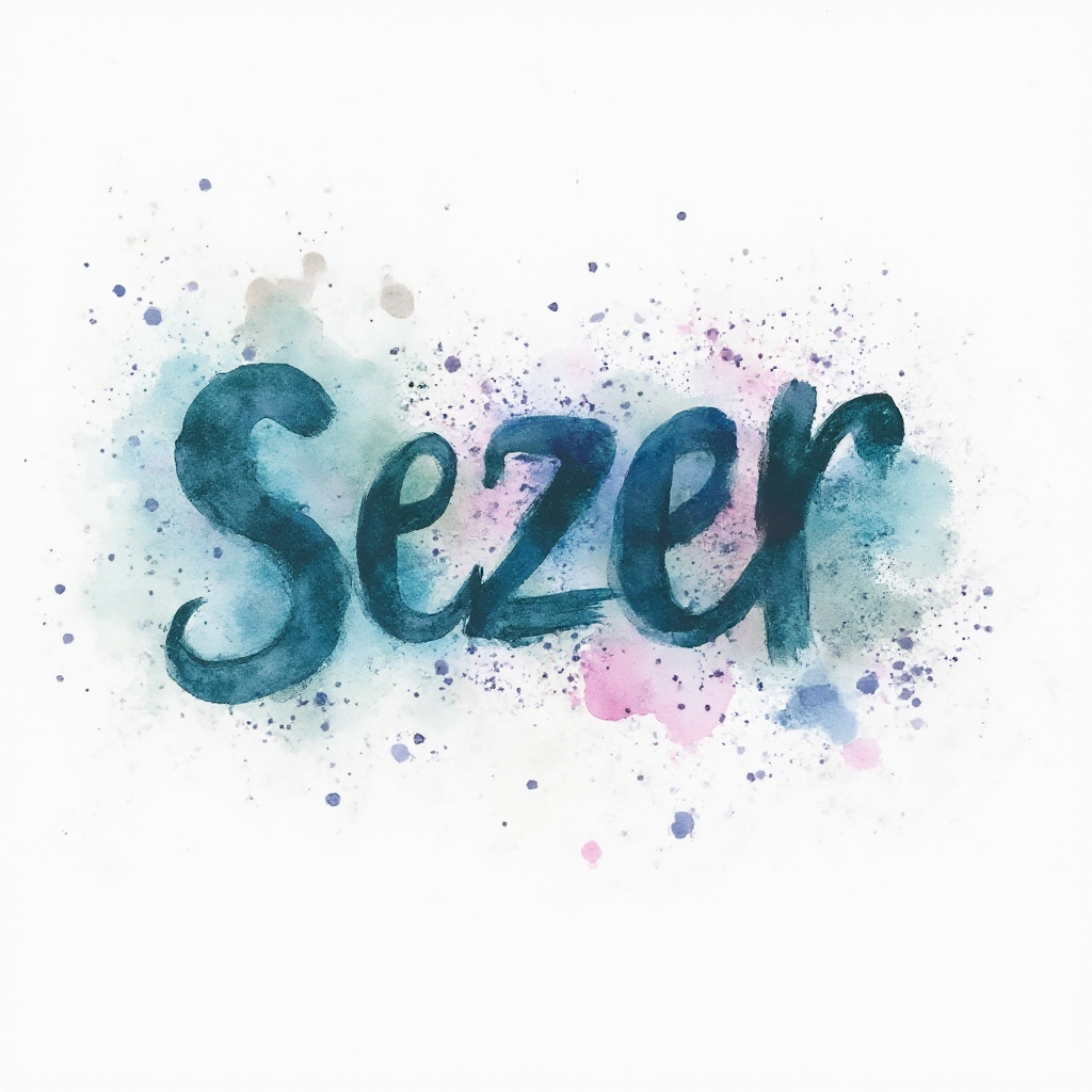 Watercolor tattoo concept where the name sezer is formed by colorful fluid brushstrokes on a white background.