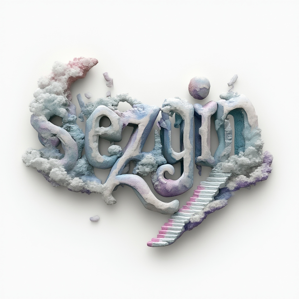 surreal tattoo concept where the name sezgin is built from dreamlike, impossible architectural shapes on a white background