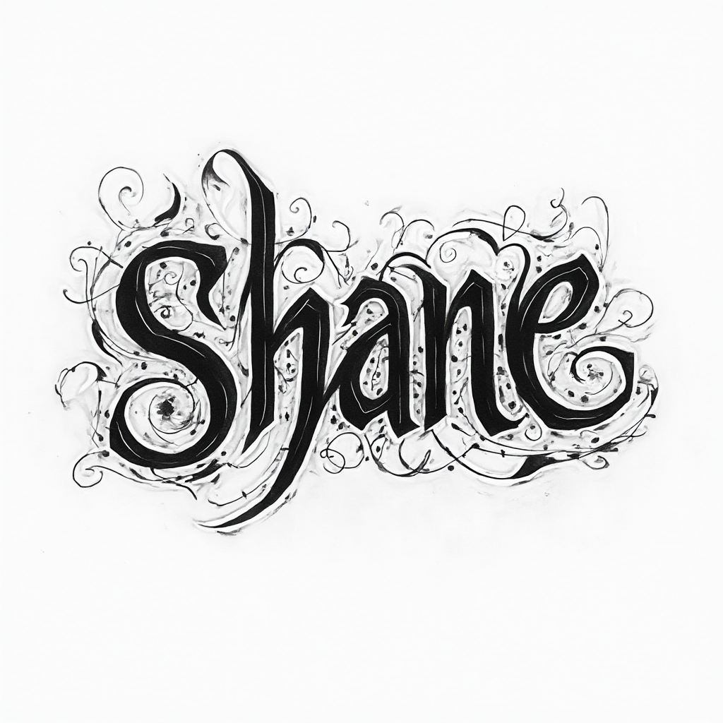 Abstract flowing black ink tattoo concept with the name shane integrated into ornamental lines on a white background