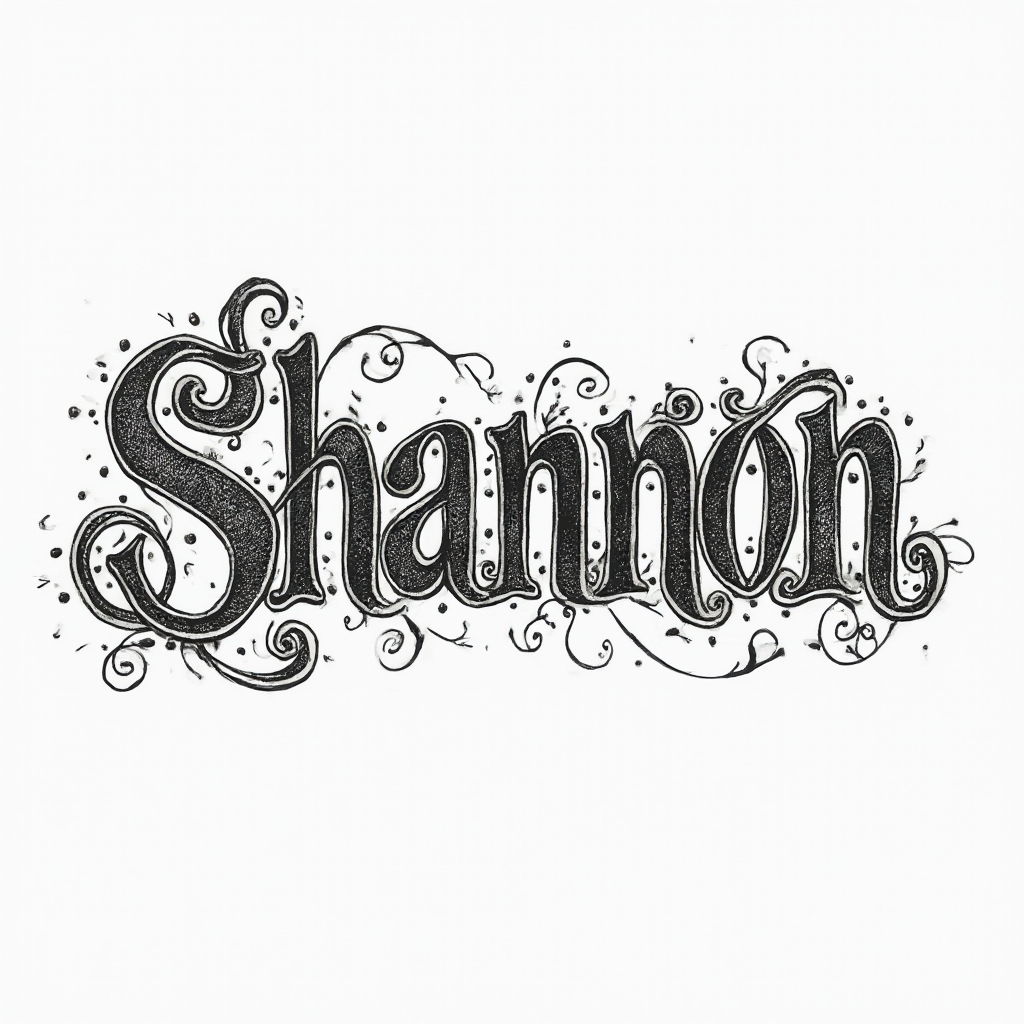 Monochrome ornamental tattoo concept of the name shannon made from intricate linework on a white background