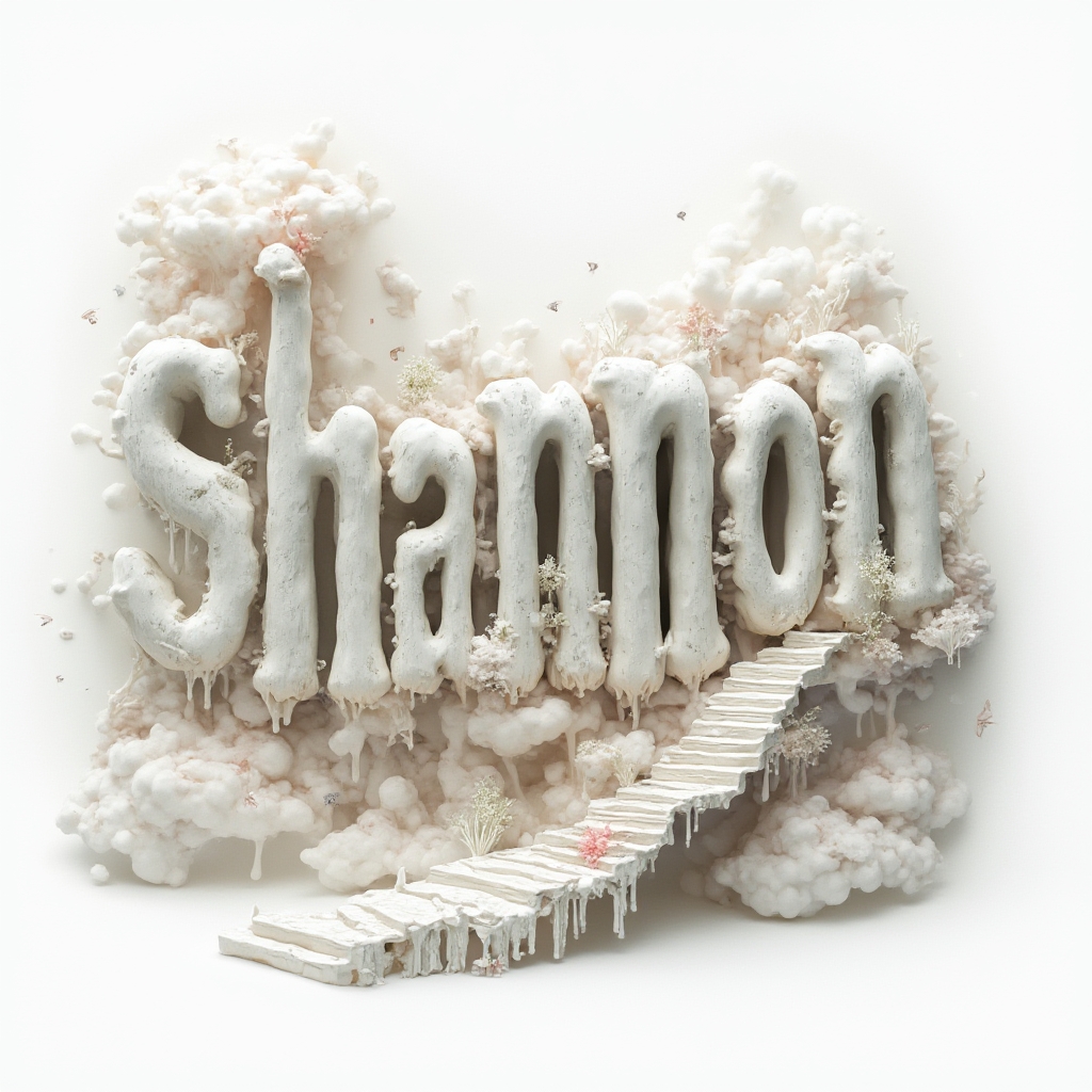 Surreal tattoo concept of the name shannon transforming into dreamlike shapes on a white background