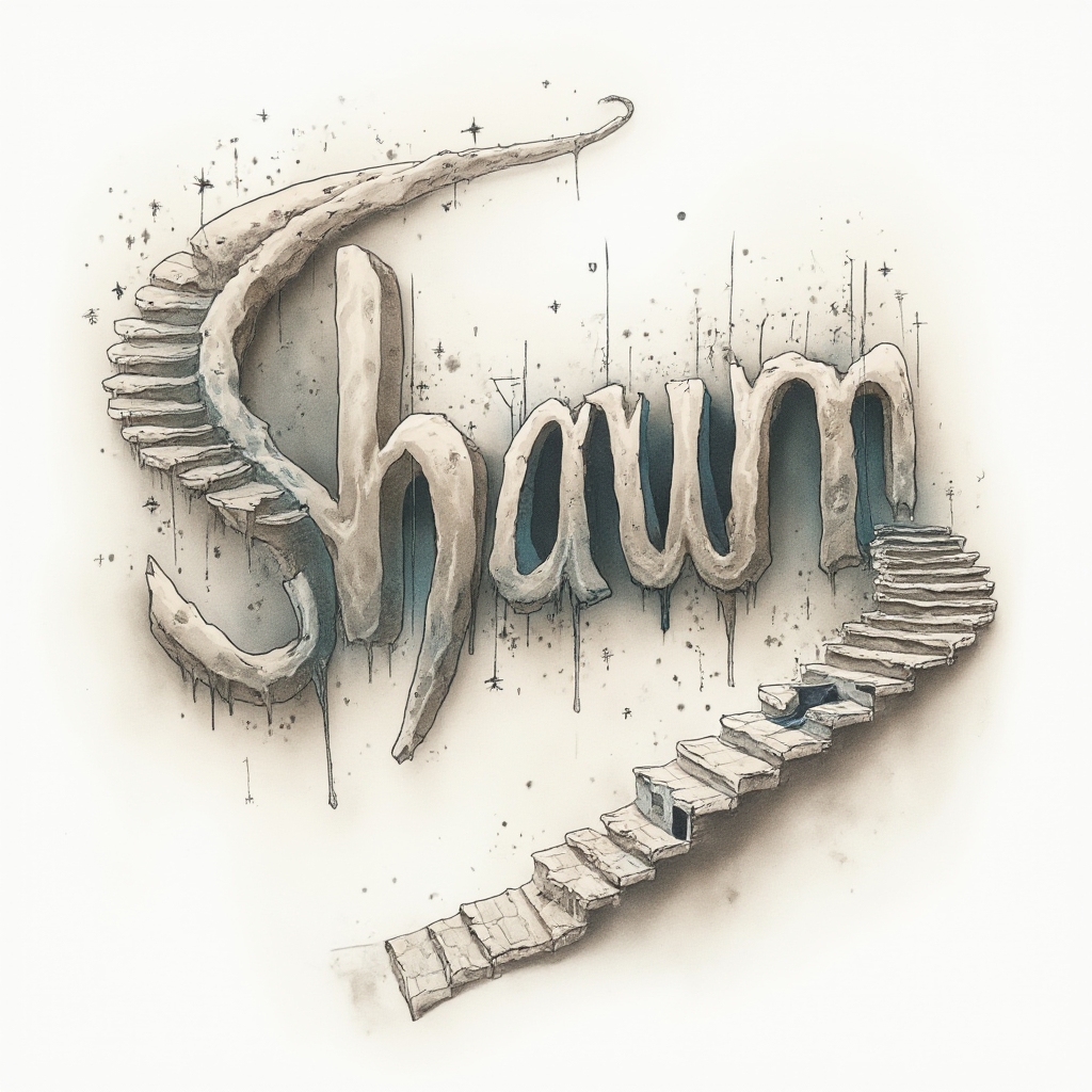 Surrealist tattoo design of the name shawn transforming into dreamlike, impossible architectural shapes on white