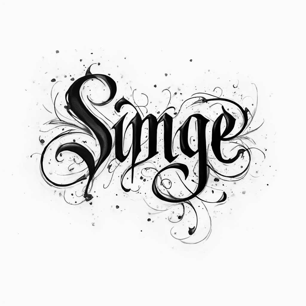 Flowing black ink tattoo concept where ornamental calligraphic lines form the name simge on white.