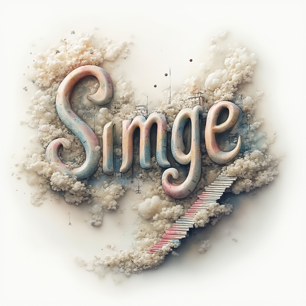 Surrealistic tattoo design where the name simge appears as impossible floating structures in a dreamlike space.