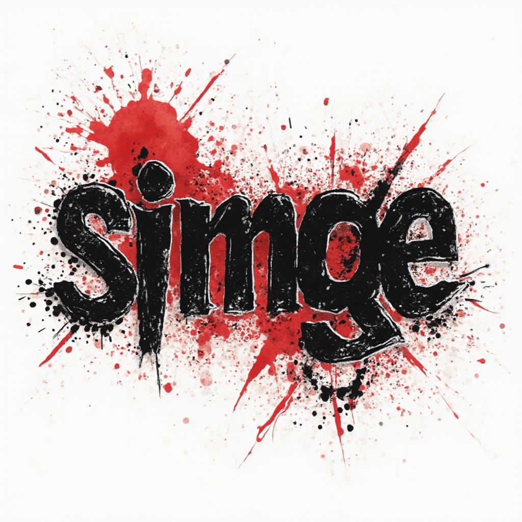 Trash Polka tattoo concept of the name simge with bold black lettering and red splashes on white.