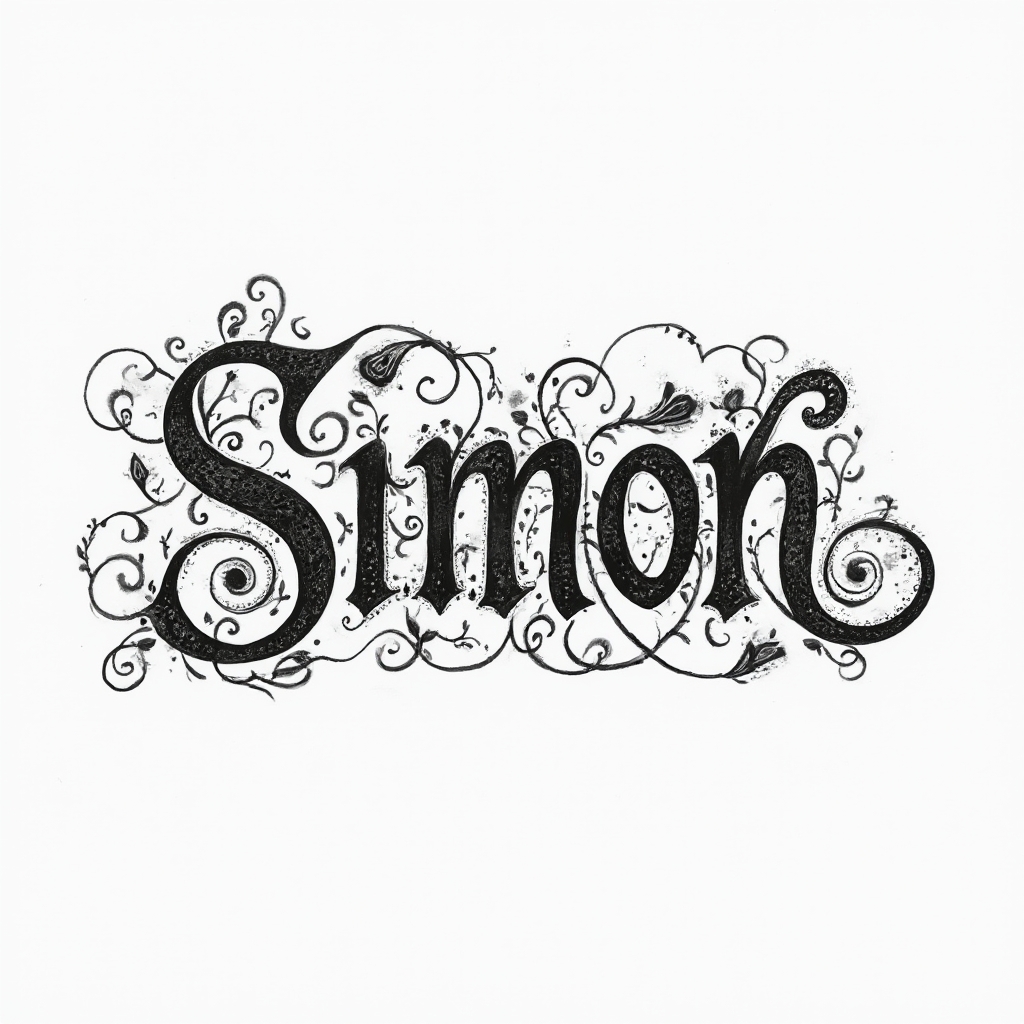 Ornamental blackwork tattoo concept where the name simon is formed by intricate flowing filigree letters on a white background.