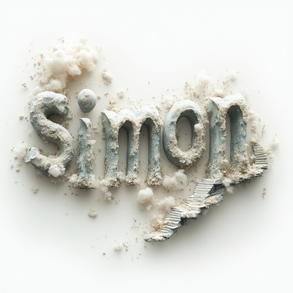 Surreal tattoo concept where the name simon is formed by dreamlike architectural and floating elements on a white background.