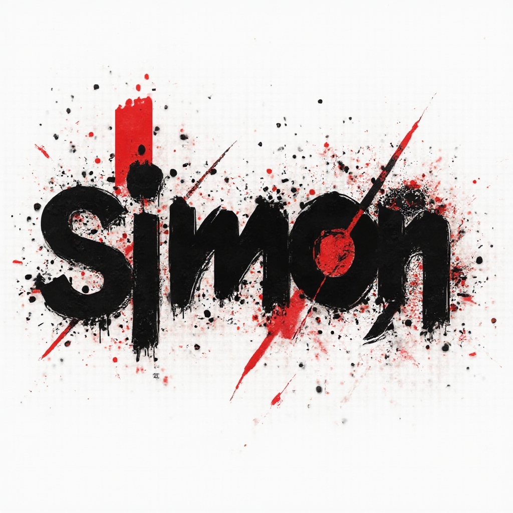 Trash Polka tattoo concept where the name simon is built from bold black strokes, red accents, and grunge textures on a white background.