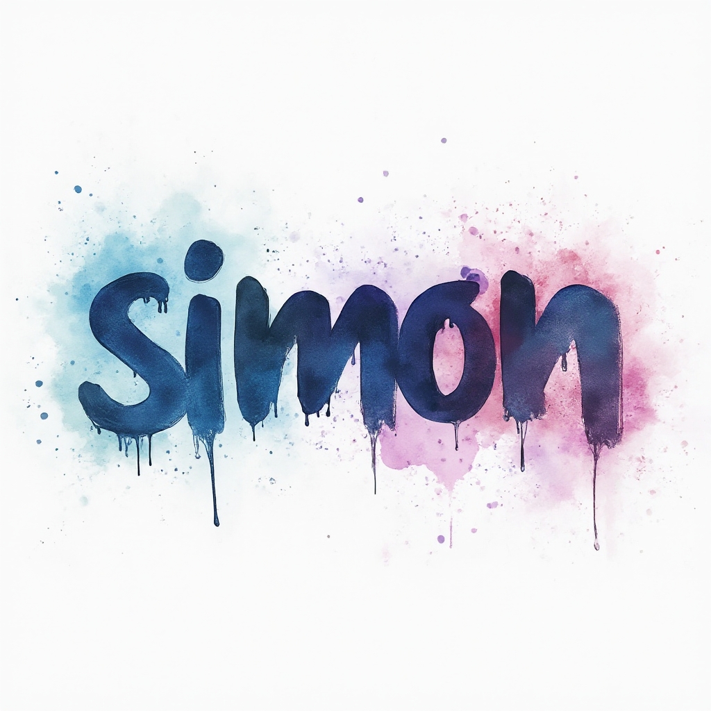 Watercolor-style tattoo concept where the name simon is formed by colorful brushstroke letters on a white background.